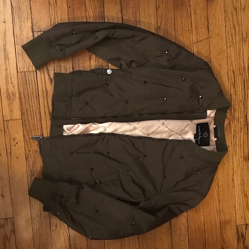 Nanette Lepore Olive Bomber Jacket with Embellishments